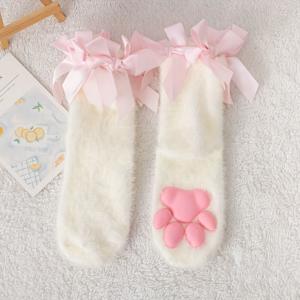 TEMU 1 쌍 가을 겨울 3D 고양이 발 여성 양말, 폴리아미드 100% 퍼지 니트 원단, 단색, 손세탁 또는 전문 건조 세탁