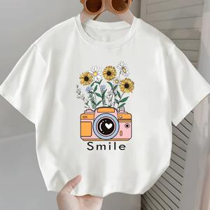 TEMU 여아용 여름 꽃무늬 카메라 프린트 티셔츠 - 편안한 스트레치 크루 넥 반팔 탑, 놀이 및 캐주얼 착용에 완벽, 여아 셔츠