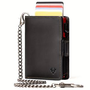 TEMU 허머폴 남성용 정품 가죽 RFID 차단 레트로 지갑, 메탈 카드 홀더 & 체인 포함, 팝업 카드 슬롯, 동전 지갑 - 블랙