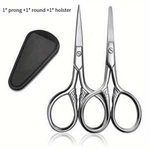 TEMU 2PCS 정밀 스테인리스 강 콧수염 가위 세트, 둥근 끝과 뾰족한 디자인, 양손잡이 다목적 얼굴 털 트리밍 키트, 가죽 케이스 포함, 턱수염, 귀, 코, 눈썹 관리 - 필수 미용 도구, 무향