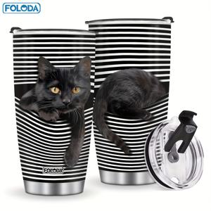 TEMU Foloda 20oz 스테인리스 스틸 텀블러 뚜껑 포함 - 보온, 누수 방지 커피 컵, 고양이 애호가를 위한 - 검은 고양이/판다/늑대 디자인 - 크리스마스, 생일 및 어머니날 선물로 완벽함