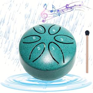 TEMU 망치와 함께 6음 Green Carbon Steel Singing Bowl 세트 - 명상, 휴식 및 사운드 치료용 3인치 핸드팬 - 가정, 사무실 및 여행에 이상적