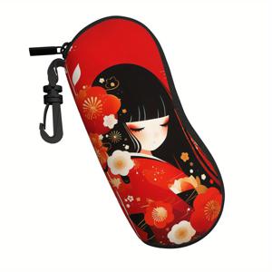 TEMU 에미코 일본 코케시 인형 프린트 소프트 네오프렌 안경 케이스 - 초경량, 지퍼가 달린 화려한 레드 & 블랙 디자인, 남녀 공용 꽃무늬, 귀여운 안경 케이스