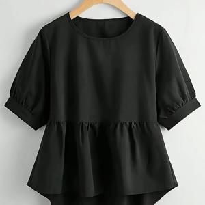 TEMU 여성용 플러스 사이즈 우아한 블랙 러플드 밑단 블라우스 - 반팔 라운드넥 비침 없는 셔츠, 세탁기 사용 가능 봄 여름 캐주얼 & 포멀 탑, 다재다능한 셔츠, 스위트 에스테틱, 구조적 핏, 스타일리시 탑, 패션 애호가