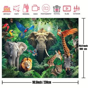 TEMU 1pc 폴리에스터 정글 사파리 배경, 독특한 동물 프린트, 튼튼한 섬유 사진 배경, 호랑이, 사자, 코끼리, 기린, 표범으로 구성된 파티 및 이벤트용