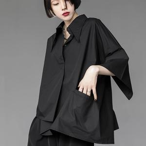 TEMU 여성의 우아한 비대칭 V넥 블라우스 - 루즈핏, 3/4 소매, 단색 블랙, 봄/여름/가을용 캐주얼 & 다재다능, 캐주얼 여름 의류 | 비대칭 하단 | 플로우리 소재|여름블라우스