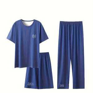 TEMU 3pcs 남성용 파자마 세트, 봄과 여름을 위한 캐주얼한 얇은 소매 크루 넥 티셔츠와 긴 팬츠, 단색으로 홈웨어에 적합합니다.|잠옷|파자마|여름잠옷