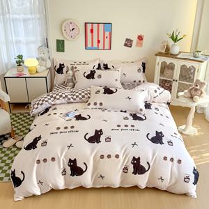 TEMU 귀여운 고양이 프린트 패턴 침구 세트 (4개) (침대 시트 1장, 이불 커버 1장, 베개커버 2개, 코어 없음) 부드럽고 편안하며 연한 베이지 색상으로 모든 계절의 침실 및 게스트룸에 적합합니다. 베개 안감이나 충전재는 포함되어 있지 않습니다