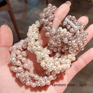 TEMU 3pcs 우아한 모조 진주 귀걸이 헤어 밴드 - 여성용 신축성 있는 가벼운 천 헤어 타이 - 화이트, 베이지, 진주 색상으로 귀여운 및 세련된 포니테일 홀더, 귀여운 헤어 액세서리