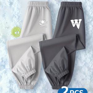 TEMU 2pcs 소년 여름 바지 - 빠른 건조, 통기성, 모기 방지, 편안한 핏과 문자 프린트 (샤이닝 스타 & W 디자인), 야외 활동 및 캐주얼 착용을 위한 가벼움, 야외에 완벽함