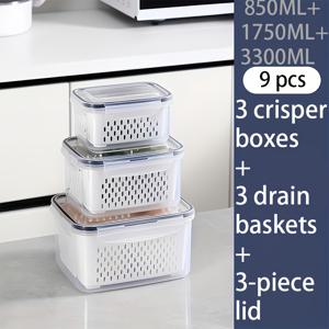 TEMU 9pcs BPA-Free 플라스틱 식품 보관용기 세트, 배수 바구니 및 뚜껑 포함 - 누수 방지, 냉장고 안전, 재사용 가능한 다목적 주방 정리 상자, 과일, 채소 및 식품용