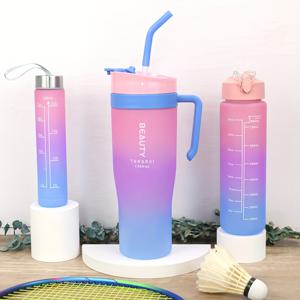 TEMU 3개 세트 46온스/27온스/9.5온스 그라데이션 컬러 대용량 물병, 1360ml/800ml/280ml 여행용 물컵, 빨대, 뚜껑, 손잡이 포함, 야외 스포츠, 피트니스, 여행에 적합