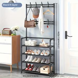 TEMU 1pc 5-Tier 튼튼한 탄소강 코트 랙, 후크가 있습니다 - 다용도 공간 절약용 걸이 및 신발 선반, 쉬운 조립, 검정색 - 거실 또는 침실 보관용으로 이상적, 옷걸이, 신발 디스플레이