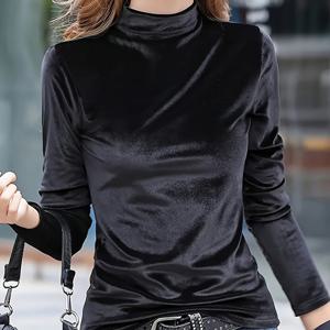 TEMU 우아한 벨벳 하이넥 터틀넥 상의 - 여성용 - 100% 폴리에스터 니트 원단, 단색, 긴팔, 일반 핏, 봄/가을 컬렉션