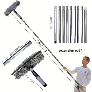 TEMU 2-in-1 하이라이즈 유리 청소 키트, 9 개 스테이크, 350cm/11.5ft, 5 가지 색상, 스퀴지, 셀리 마이크로파이버 천, 습식/건식 사용, 간편한 보관을 위한 인터록킹 디자인, 효율적인 청소 | 스타일리시 클리너 | 레진 헤드