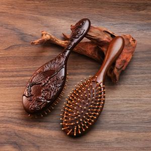 TEMU 1개 손으로 조각한 대나무 이빨 산달우드 에어 쿠션 브러쉬, 모든 헤어 타입용 오벌 두피 마사지 브러쉬, 목재 헤어스타일링 브러쉬