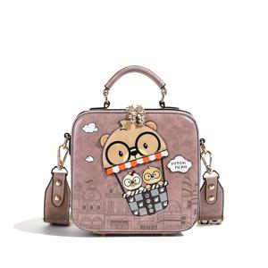 TEMU 여성용 귀여운 곰 프린트 크로스바디 백 - 캐주얼 스타일, 조절 가능한 스트랩, 지퍼 잠금, 폴리에스터 안감, 만화 캐릭터가 있는 재미있는 디자인