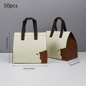 TEMU 50개 귀여운 곰돌이 선물 가방 세트 - 튼튼한 손잡이 포함, 두꺼운 보온 논웨븐 토트백 (파티용, 결혼식, 생일 등) - 화이트+브라운 액센트 & 