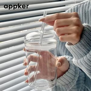 TEMU APPKER 450ml/15.2oz 유리 컵, 뚜껑 및 빨대가 있는 - 견고한 투명 재사용 가능한 음료 용기, 주스, 물, 얼음 커피 - 스타일리시한 둥근 디자인, 가정, 사무실, 여행 - 어머니의 날, 졸업, 4월 4일 선물, 사무실 수분, 현대 음료 용기, 기능성 디자인, 견고한 구조, 선물 쇼퍼