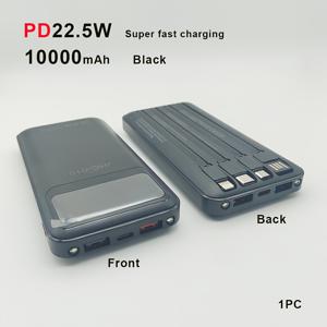 TEMU 내장된 4개의 충전 케이블이 있는 듀얼 LED 조명 LED 전원 디스플레이 얇은 디자인 10000mAh 충전 PD22.5W 슈퍼 빠른 충전 내장된 4개의 충전 케이블이 있는 더블 LED 조명 더블 USB 출력 포트 Type-C 입력 출력 여름 미니 팬 배터리 팩