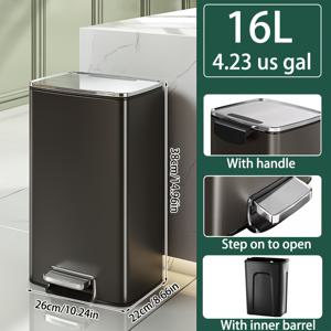TEMU 15L/20L 스테인레스 스틸 , 소프트 클로즈 뚜껑, 스텝 온 페달, 조용한 작동, 내구성 있는 블랙 피니시, 내부 버킷이 분리 가능하며 쉽게 비울 수 있는 디자인, 사무실, 주방, 욕실, 거실, 침실, 사무실 에 이상적입니다. | 현대적인 | 내구성 있는 구조, 거실용|쓰레기통