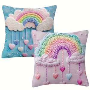 TEMU Jit2pcs Whimsical Rainbow And Heart-Shaped Pillowcase, 45X45Cm Square 폴리에스터로 제작, 지퍼 클로저 및 기계 세척 가능. 봄 집과 사랑 장식에 이상적인 선택, 소파, 침대, 자동차, 및 포르치를 장식하기에 완벽한 단면 프린트 디자인. (베개 인서트 미포함)