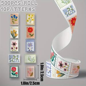 TEMU 1 롤/500개 꽃 클립 아트 스티커 롤 - 10 패턴, 휴일 선물 장식, 파티 장식, 학생 보상, 생일, 수하물, 스케이트보드, 물병, 컵 | 자체 접착식 PVC 스티커