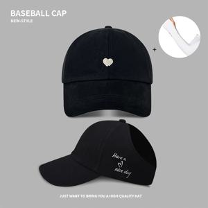 TEMU 여성용 자수 하트 & 아이스 슬리브가 있는 아웃도어 베이스볼 캡 - 조절 가능한 포니테일 스트랩, 봄/여름용 홀로우 덕빌 브림 선햇, 통기성 좋은 스포티 디자인 (베이지/블랙/화이트/핑크), 고품질 자수 포니테일 액세서리 | 고급 자수 베이스볼 모자