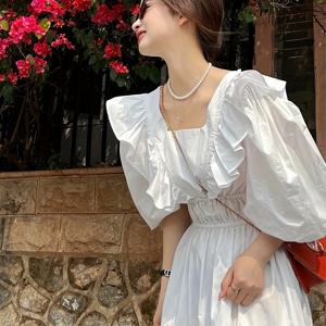 TEMU 여성용 화이트 V넥 퍼프 슬리브 드레스 - 중동 스타일 A라인 미디 드레스, 허리 타이 포함, 봄 여름 가을용 경량 100% 폴리에스터, 캐주얼부터 포멀한 행사까지|여름원피스|여성원피스|가을원피스