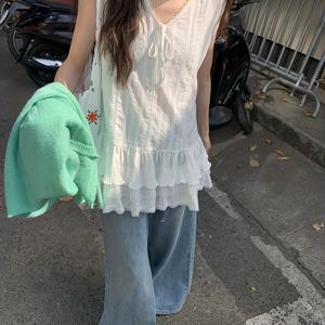 TEMU 1 장의 우아한 화이트 V넥 슬리브리스 드레스 - 레이어드 러플 헴이 있는 투명한, 가벼운 여름 캐주얼 웨어 - 여름, 가을에 완벽한 여성용|여름원피스|여성원피스|나시원피스