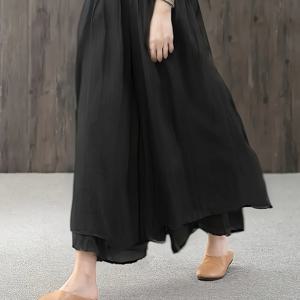 TEMU 여성용 우아한 와이드 레그 팬츠 스커트 - 탄력 있는 허리, 가벼운 블랙 솔리드 컬러 포켓 디자인, 봄/여름/가을 캐주얼 & 정장용, 일상 편안함, 유연한 실루엣, 기능성 포켓, 세탁기 사용 가능|냉장고바지|바지|여름바지