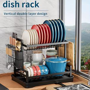 TEMU 1pc 블랙 더블-레이어 메탈 디시 랙, 접시 및 식기용 수직 주방 보관함, 식기 홀더 및 배수판이 있는 공간 절약 디자인, 디시 드라이 | 현대 주방 랙 | 내구성 있는 메탈 랙, 디시 드라이 랙|식기건조대|식기건조기