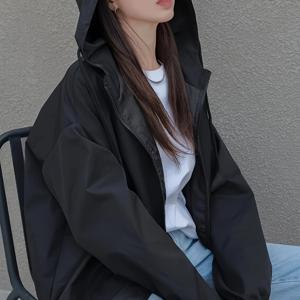 TEMU 봄과 가을 핫딜 학술 스타일 단색 다용도 더블 포켓 후드 지퍼 끈 캐주얼 여성 재킷