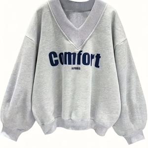 TEMU 1pc 여성 캐주얼 V넥 긴팔 풀오버 스웨트셔츠, 편안한 파리 문구가 인쇄된 폴리에스터 니트, 가을/겨울 패션