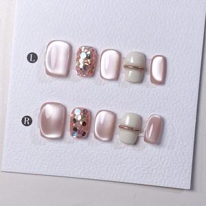 TEMU 10pcs 핸드메이드 스퀘어 짧은 네일 폼 세트, 핑크 글로우 핏, 글리터 및 캣 아이 액센트, 접착 탭 포함