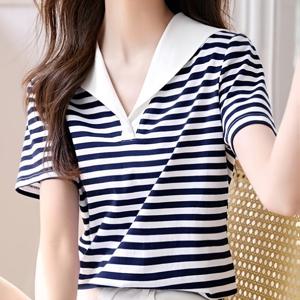 TEMU 여성용 캐주얼 여름 반팔 폴로 셔츠 - 남색과 흰색 , V넥, 중간 스트레치 소재, 정규 핏, 풀오버 스타일, 캐주얼 의상| 탑|편안한 핏