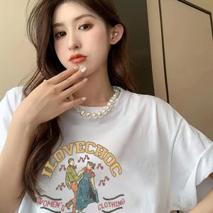 TEMU 플러스 사이즈 여성용 반팔 티셔츠 - 일본 한국 스타일 오버사이즈 라운드 넥 탑, 기하학 프린트, 통기성 좋은 미드 스트레치 원단, 세탁기 사용 가능 캐주얼 의상 봄 여름 가을용, 레이디스 티셔츠