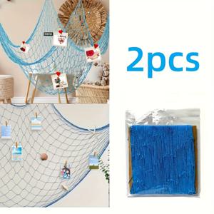 TEMU 2pcs 수제 블루 낚시망 벽 장식 - 39x79 인치 오션 테마 직물 패널 하와이 해변 파티, 여름 사진 배경, 할로윈 크리스마스 부활절 추수 감사절 홈 데코 (전기 없음), 해변 테마 데코