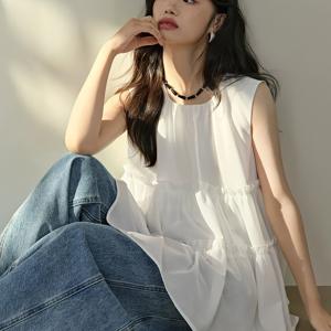 TEMU 여성용 여름 민소매 프릴 블라우스 - 화이트 라운드넥 캐주얼 시크 탑, 가벼운 통기성 원단, 레귤러 핏, 편안한 패션, 부드러운 질감