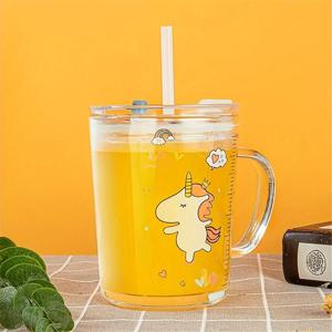 TEMU 손잡이가 있는 유리 컵 1개, 만화 프린트와 눈금자 스트로우 컵이 있는 귀여운 주스 컵, 다기능 방수 커피 컵 400ml