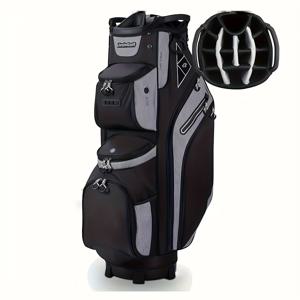 TEMU LIVSINGOLF 14-구역 골프 카트 백, 쿨러 및 퍼터 웰 - 우아한 검정색 및 회색 디자인, 다중 컴파트먼트, 조절 가능한 어깨 스트랩, 내구성 있는 폴리에스테르, 골프 백 액세서리, 골프 백, 세련된 스포츠 장비, 안전한 지퍼 잠금
