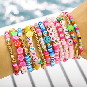 TEMU 14pcs 스타일 컬러풀 폴리머 클레이 브레이슬릿 세트 - 랜덤 컬러 배열, 일상적인 착용 및 파티에 완벽, 파티 브레이슬릿 세트|생동적인 액세서리|폴리머 클레이 브레이슬릿