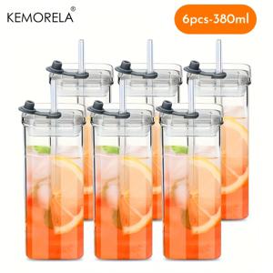 TEMU KEMORELA 유리 물병 4/6 팩 - 380ml/500ml 휴대용 직사각형 음료 용기 뚜껑 및 빨대 포함 - 경량, 내열성, PVC 무료, 뜨거운/차가운 음료에 적합, 크리스마스 및 데이 선물에 적합