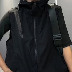 TEMU 단색 컬러 지퍼업 후디 조끼, 캐주얼 슬리브리스 조끼 봄 & 가을, 여성 의류