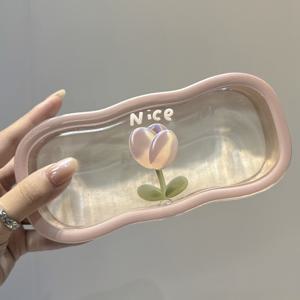 TEMU 멋진 튤립 꽃무늬 안경 케이스 - 투명 소프트 핑크 압력 방지 보호 보관함, 남녀공용 휴대용 레트로 스타일, 일본식 한국 패션 액세서리, 귀여운 안경 케이스, 우아한 장인정신