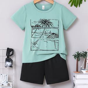 TEMU 소년용 2피스 여름 캐주얼 의상: 연한 파란색 코코넛 나무 일러스트 티셔츠 & 검은색 반바지 세트 - 편안하고 가벼우며 캐주얼 의상 및 선물용으로 이상적, 야외 활동에 완벽