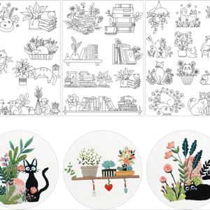 TEMU 물에 녹는 자수 안정제 3개 세트로, 고양이와 꽃 무늬가 특징이며, DIY 봉제 및 뜨개질 애호가에게 적합합니다.
