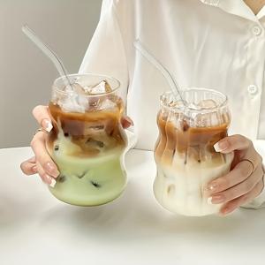 TEMU 2pcs 유리 커피 머그, 스트로우 포함, 18oz 투명 웨이브 물 컵, 유리 재질