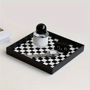 TEMU 세련된 블랙 & 화이트 체크 무늬 데스크탑 정리 트레이 - 립스틱, , 화장품 및 향수 보관용 다목적 직사각형 플라스틱 메이크업 액세서리 홀더 | 고급 디자인 | 내구성 있는 플라스틱 주얼리 트레이