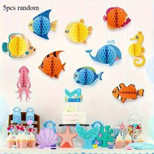 TEMU 5pcs 종이 바다 동물 허니컴 센터피스, 열대어 테마, 물속 식탁 세팅, 전기 없음, 쉽게 조립, 재사용 가능, 축하에 완벽한, 파티 장식에 적합합니다.